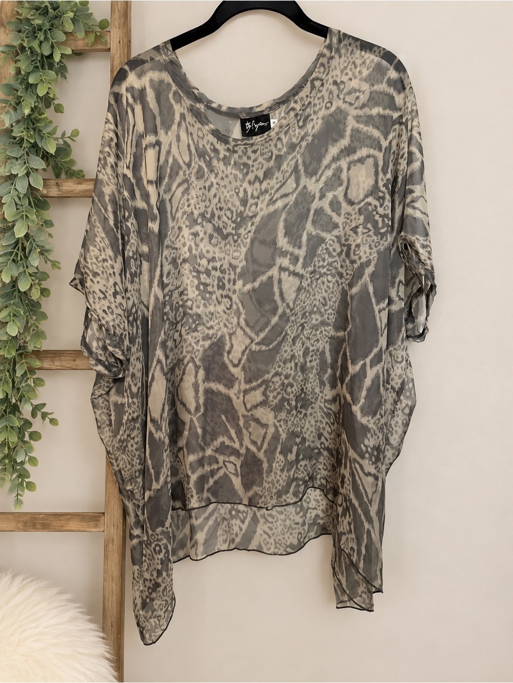 Johnny Was “Biya” Gray Animal Print Silk Tunic